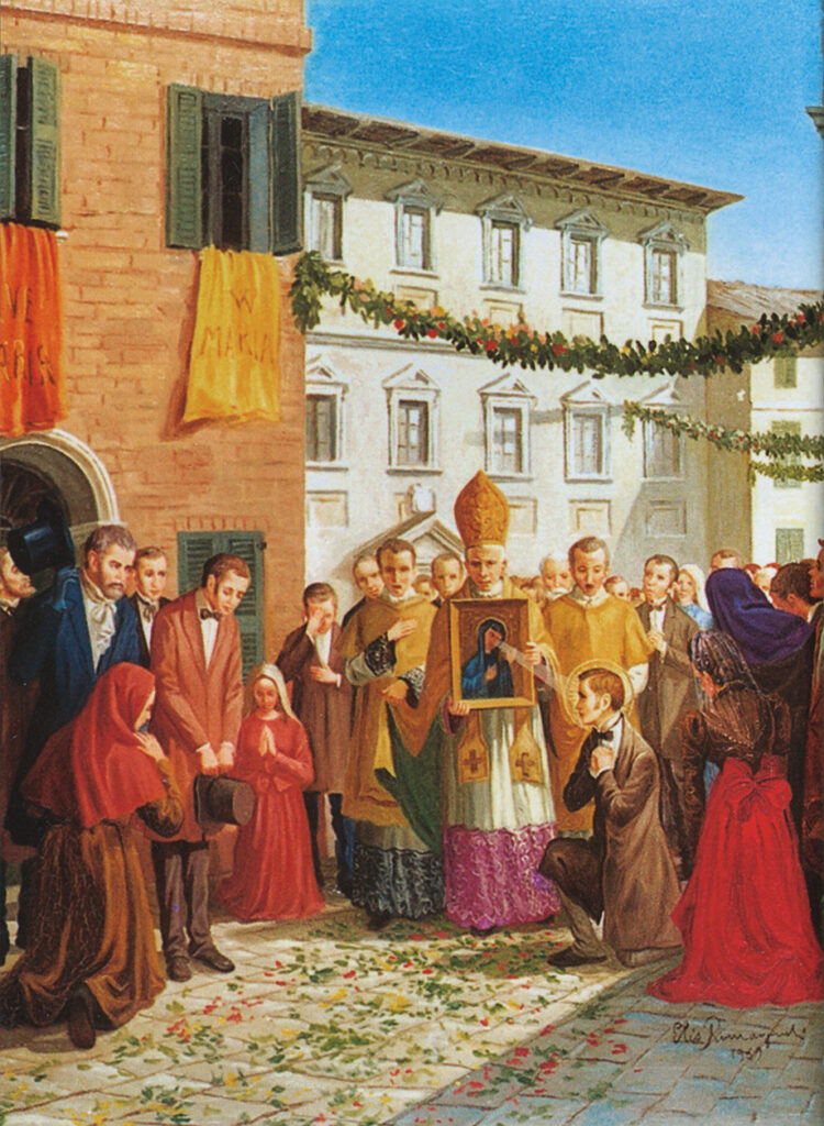 San Gabriele di fronte al quadro della Madonna durante una processione